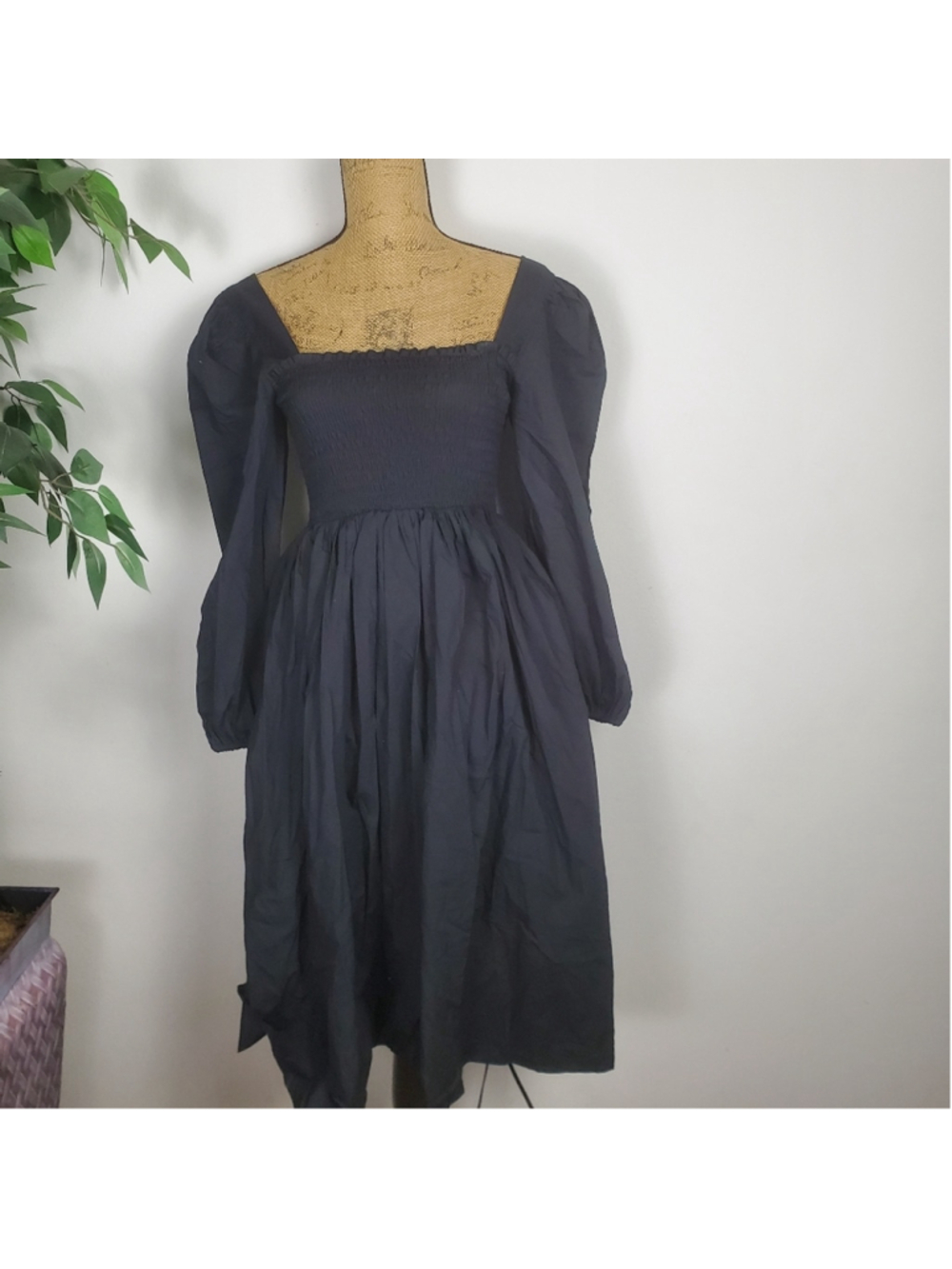 NEW Black Jet TOCCIN Smocked Cotton Puffed Long Sleeve Midi Dress Size XS